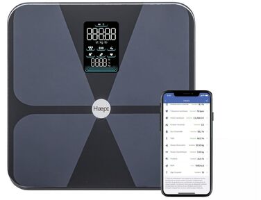 Розумні ваги Haepi з Bluetooth, цифрові, скляні, чорні, аналіз 15 показників (ІМТ, жир, кістки, м'язи, вода), до 180 кг, імпедансний вимірювач