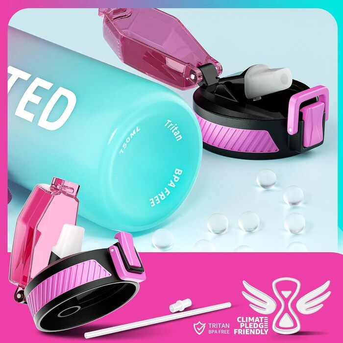 Водна пляшка Tritan 1л без BPA з трубочкою, спортивна, витікання, з маркуванням часу та щіткою, для фітнесу, школи, йоги, активного відпочинку (1 шт.) (750 мл, фіолетово-зелений)