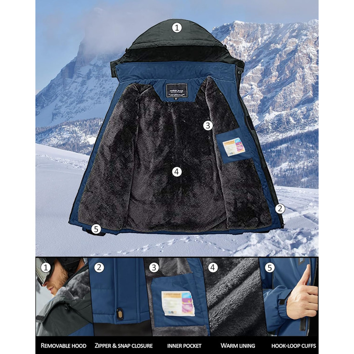 Зимова куртка KEFITEVD для чоловіків: водонепроникна, тепла, з капюшоном, softshell, флісова, розмір M, колір джинсовий блакитний