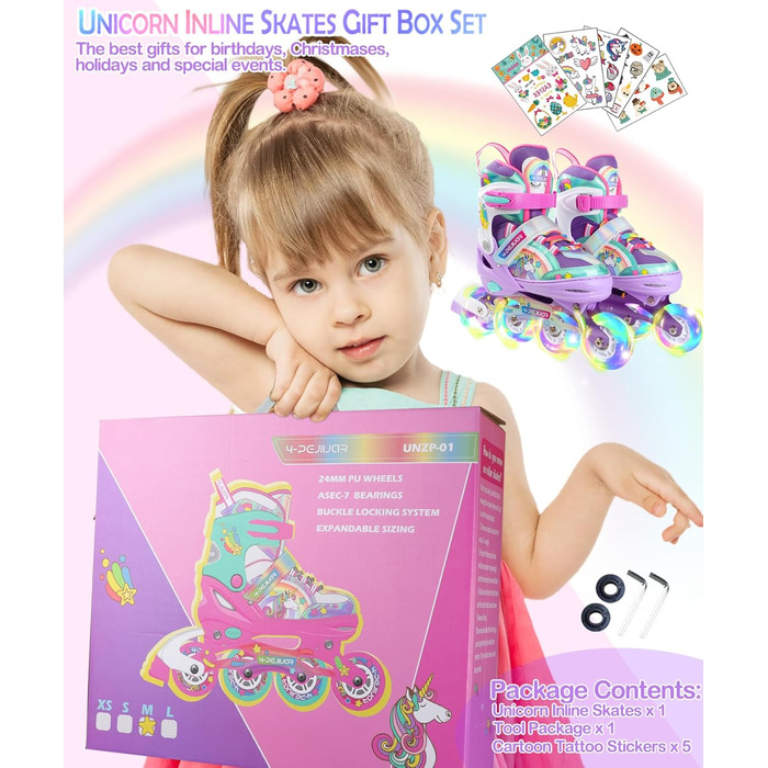 Інлайнери для дівчаток Einhorn: регульовані ролики з підсвічуванням, розмір S (30-33), фіолетовий колір