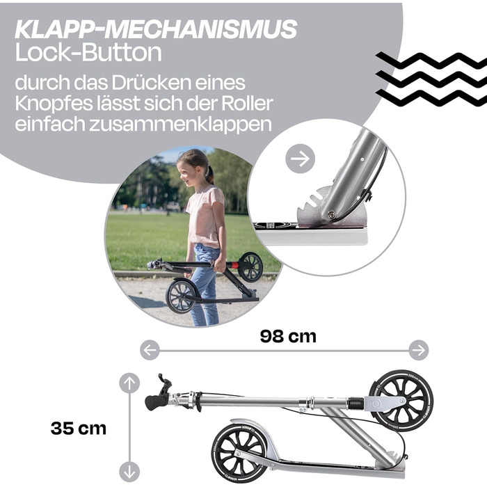 Роликовий самокат GLOBBER NL 205 – для дітей від 8 років, підлітків та дорослих, регульована висота, колеса 205 мм, ABEC 7, вінтажний сріблястий