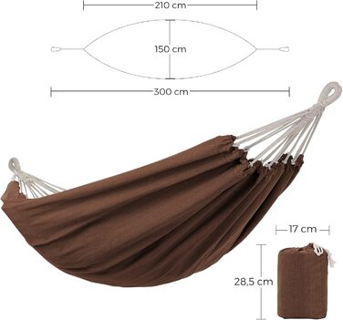 Гаммак SONGMICS 210x150 см, подвійний, 300 кг, для тераси, балкону, саду, кемпінгу, з сумкою, ременями та карабінами (колір: коричневий)