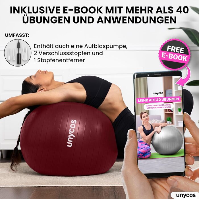 Фітбол Unycos 65 см для фітнесу, йоги, пілатесу, балансу та силових тренувань. З насосом, BPA-Free, антивибуховий. Рожевий #10