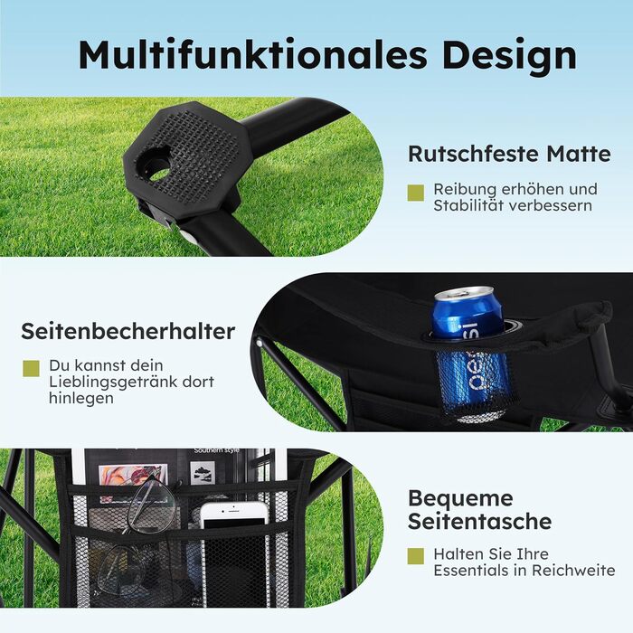 Набір з 2 шт. складаних стільців для риболовлі та відпочинку на природі High Point Sports, до 120 кг, з підстаканником та відділенням для охолодження, чорний