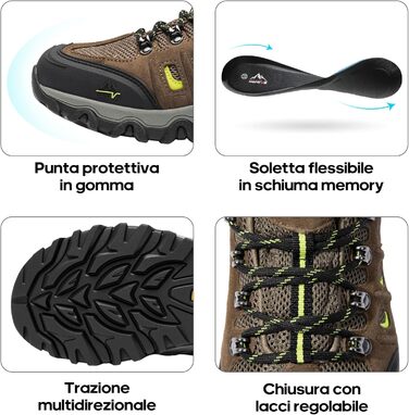 Чоловічі водонепроникні трекінгові черевики NORTIV - легкі, для хайкінгу та кемпінгу (43 EU, широка колодка, чорний, коричневий, жовтий, замша)