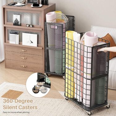 Стійка для зберігання йогаматів, полиця для фітнес-обладнання з колесами, кошик для йоги на 4 мати, чорний