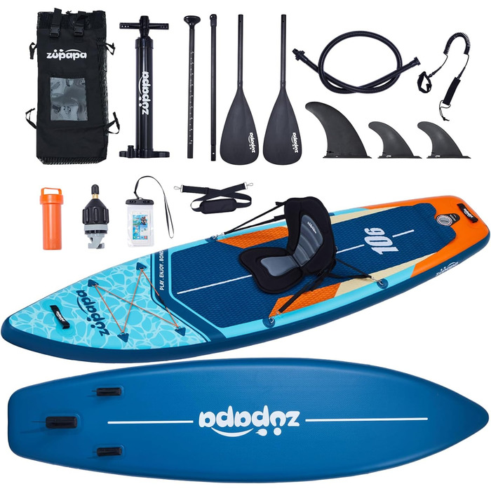 Надувний SUP Борд Zupapa 366см/320см | Комплект Stand Up Paddle Board з сидінням для каяка | З аксесуарами (320см, 366см, Чорний, Білий, Сірий, Синій, Оранжевий)