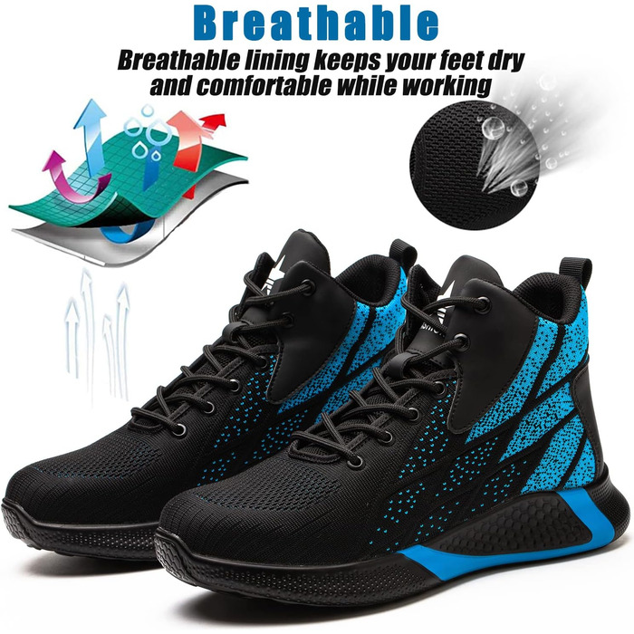 Зручні та безпечні робочі черевики з металевим носком для чоловіків та жінок. Дихаючі, антиковзкі, розміри 35-48 EU, колір блакитний.