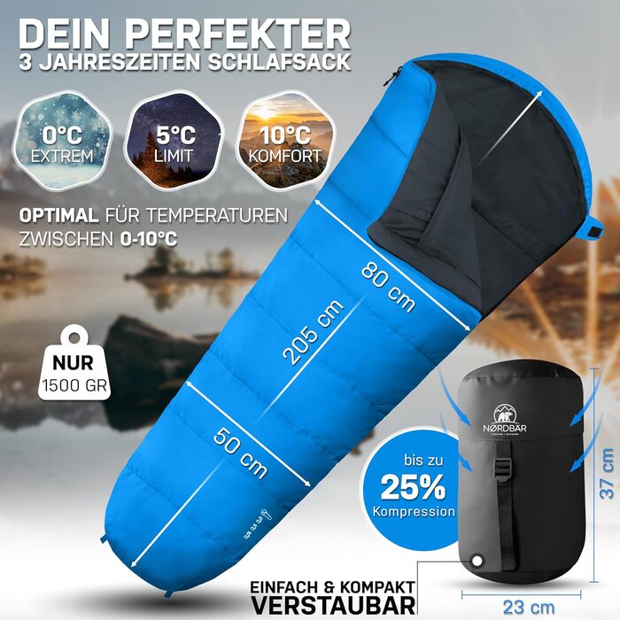 Сплячий мішок NORDBÄR® 3 сезони та літній, ультралегкий [750г/1500г] | Спальний мішок-кокон | компактний [100GSM/300GMS] | для кемпінгу, подорожей, гірських хат | літній спальний мішок, зелений (світло-блакитний)