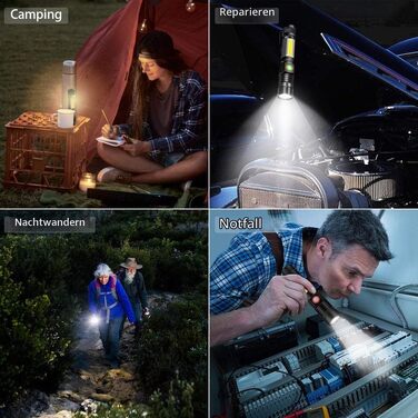 Потужний ліхтар Karrong LED 3000 Лм, акумуляторний з магнітом, COB боковим світлом та зумом, водонепроникний, USB-зарядка, 4 режими для кемпінгу та hiking (чорний)