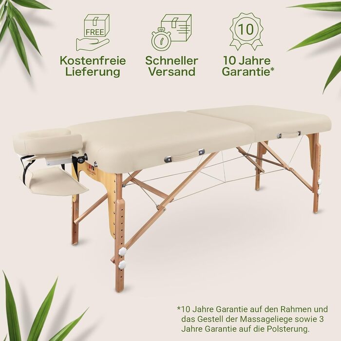 Масажне ліжко MASSUNDA Mobile Comfort Deluxe – розкладне, регульоване по висоті, широке, з дерев'яною основою, з підголовником, підлокітниками, подушкою (кремовий)