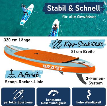 SUP дошка BRAST Shark надувна з комплектом аксесуарів (320x81x15 см) - блакитно-помаранчевий
