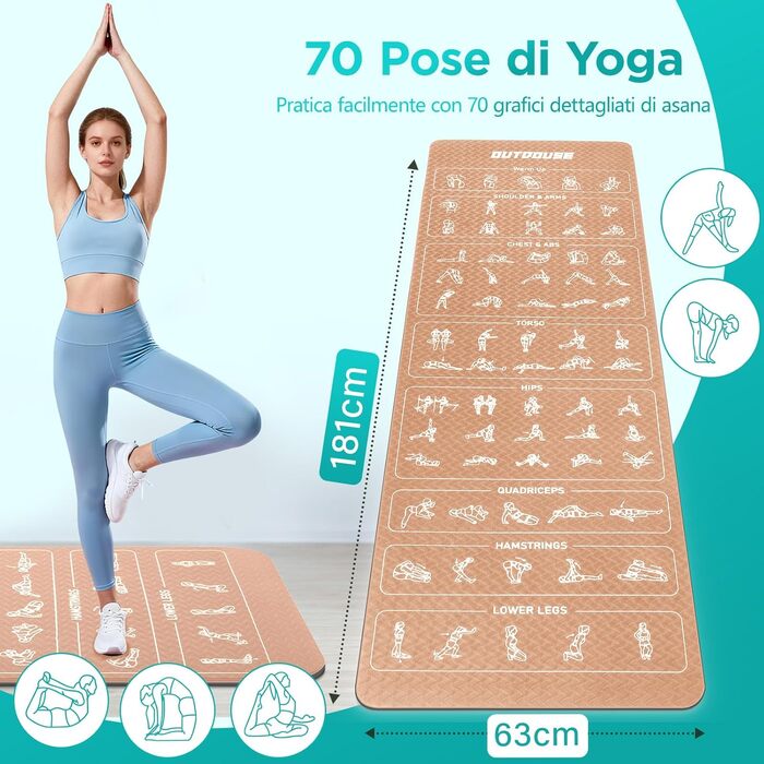 Спортивна килимок для йоги з принтами поз, неслизький TPE, 181x63x0.6 см (Хакі та Чорний)