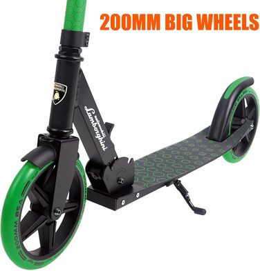 Самокат трюковий Lamborghini CityRoller складаний, регульована висота, для дорослих і дітей до 100 кг, зелений з підніжкою та заднім гальмом