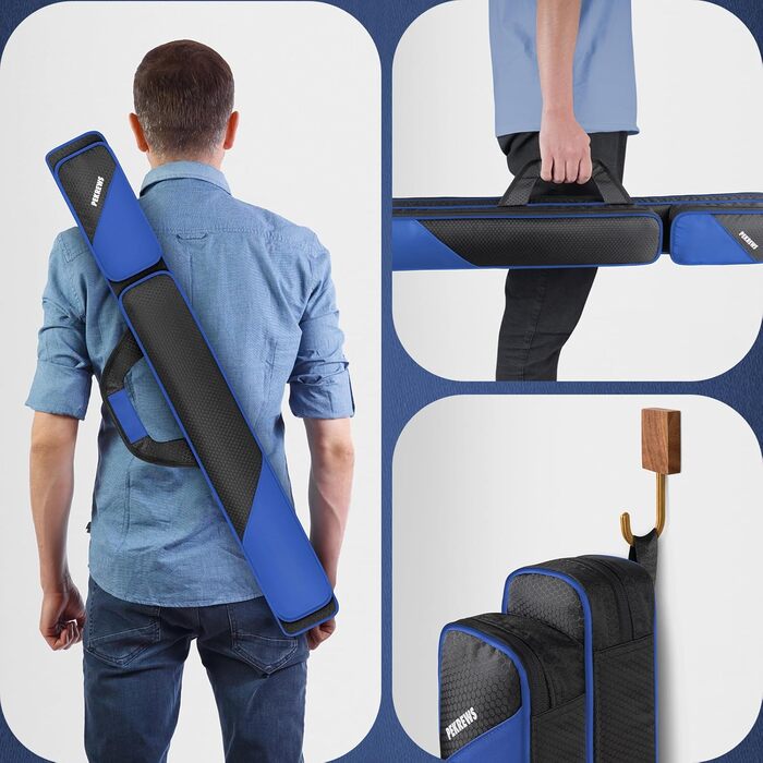 Чохол для більярдної cue 2x2 на 2 киї з кишенями на блискавці для аксесуарів, міцний, поліестер, з плечовим ременем та ручкою, м'який, для жінок та чоловіків (Синій / Чорний)