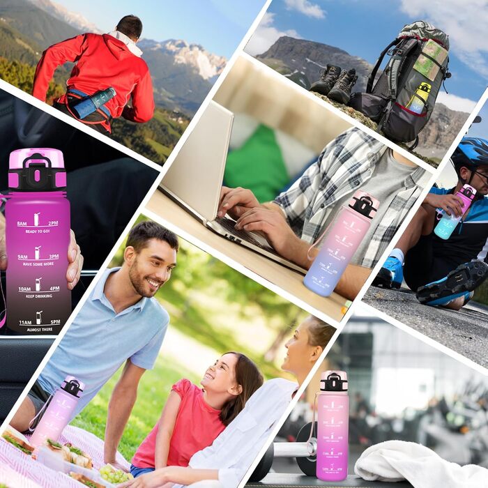 Спортивна пляшка для води 1 л з мітками часу, витокозахисна, рожево-блакитна