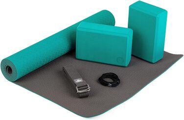 Комплект для йоги Bodhi Yoga Starter-Set: йога-мат TPE, 2 блоки EVA, ремінь бавовна, для початківців, бірюзовий