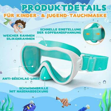 Дитячі окуляри для плавання WAVE Kinder (зелено-білі) з антифог покриттям та маскою для снорклінгу, UV-захист
