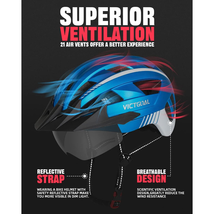 Велосипедний шолом VICTGOAL MTB з магнітним візором, LED підсвіткою, знімним козирком, для дорослих чоловіків і жінок, металево-синій, розмір L (57-61 см)