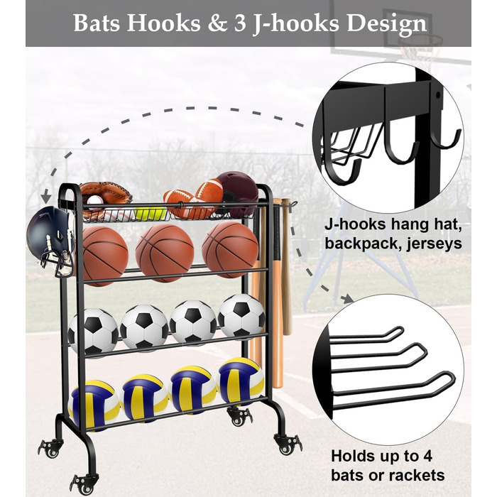 Стійка для м'ячів на колесах, 4-ярусна: баскетбол, футбол, волейбол, чорна