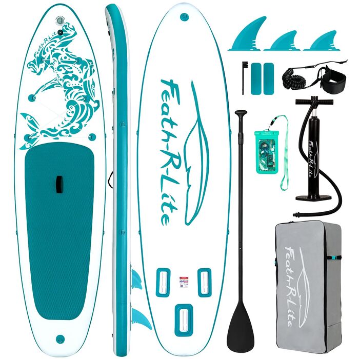 SUP дошка FEATH-R-LITE надувна, 3м, зелено-біла - комплект (весло, насос, рюкзак, ліш, плавники) для початківців та професіоналів