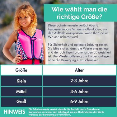 Дитячий жилет для плавання Limmy – плавальна допомога з регульованою плавучістю, сертифікований CE, рекомендований на Vergleich.de, м'який неопрен, безпечне та міцне виконання, з сумкою для транспортування Rosa Windmühle (S, Рожевий леопард)