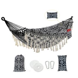 Гамак для двох Boho з макраме бахромою, білий (чорно-білий), бавовняний, портативний, до 227 кг