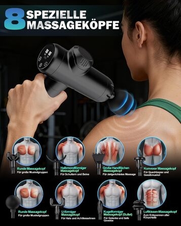 Масажер для м'язів, пістолет для перкусійної масажі, тихий електричний ручний масажер з LCD-екраном, 99 швидкостей, 8 насадок, подарунок для чоловіків/жінок, чорний
