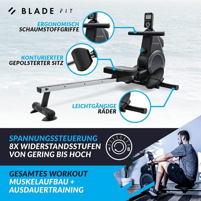 Bluefin Fitness Blade FIT: Гребний тренажер, сумісний з Kinomap, складаний, з LCD-консолью та мобільним додатком