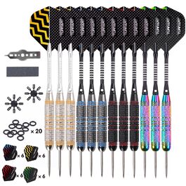 Дарти сталеві Turnart Dartpfeile, 12 шт, 24 г, професійні, з алюмінієвими дротиками та 24 пір'ями, кольорові, з гумовими кільцями