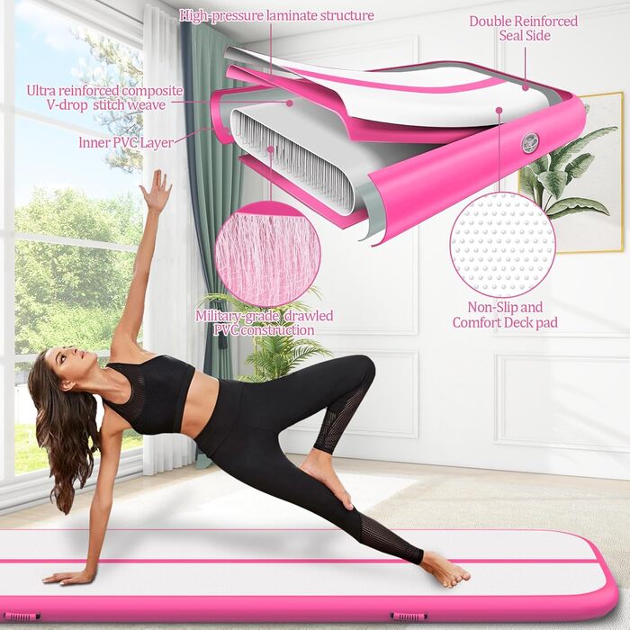 Гімнастичний надувний мат Air Matte 3M/4M/5M/6M, килимок для стрибків та гімнастики 10/20см заввишки з повним аксесуаром, надувний килимок для гімнастики для дому та на вулиці, рожевий килимок Air 600*100*10см