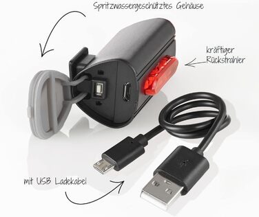 Велосипедний світловий комплект FISCHER з акумулятором, USB-зарядкою, переднім та заднім ліхтарем, захист IP44, StVZO, 80/40/20 люкс, комплект із складним замком, чорний, 110 см