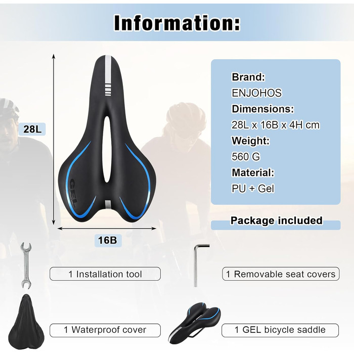 Велосипедне сідло ENJOHOS, водонепроникне, PU, для гірського, трекінгового, туристичного та шосейного велосипеда (блакитне гелеве)