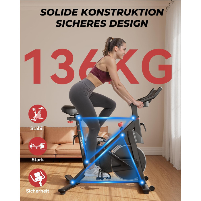 Велотренажер для дому Superun з APP, магнітний опір, 15 кг маховик, ультратихий, чорний