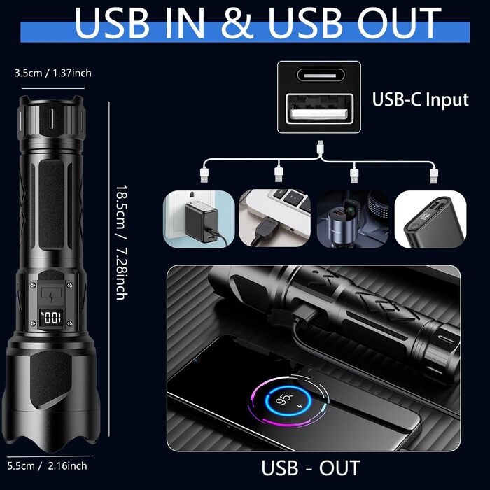 Ліхтар LED KZK 500000 Люмен, надпотужний, з функцією зуму, COB 360° світло, IP67, 7 режимів, для кемпінгу, риболовлі, надзвичайних ситуацій та активного відпочинку на природі