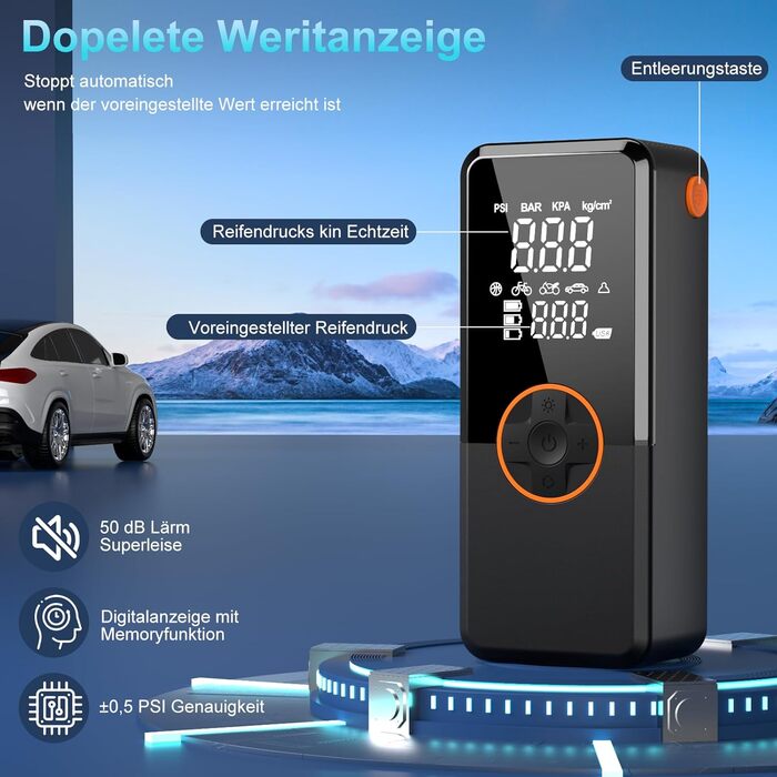 Електричний насос-компресор 150PSI з акумулятором 10000mAh, портативна міні-помпа з манометром і LCD дисплеєм для авто, велосипедів, мотоциклів та м'ячів