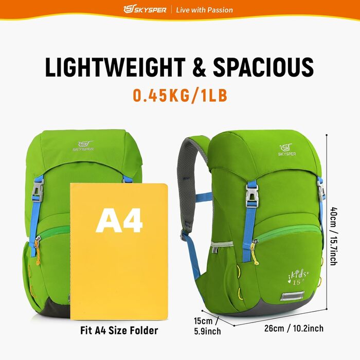 Дитячий рюкзак SKYSPER 15L - легкий та комфортний для хлопчиків та дівчаток (світло-зелений)