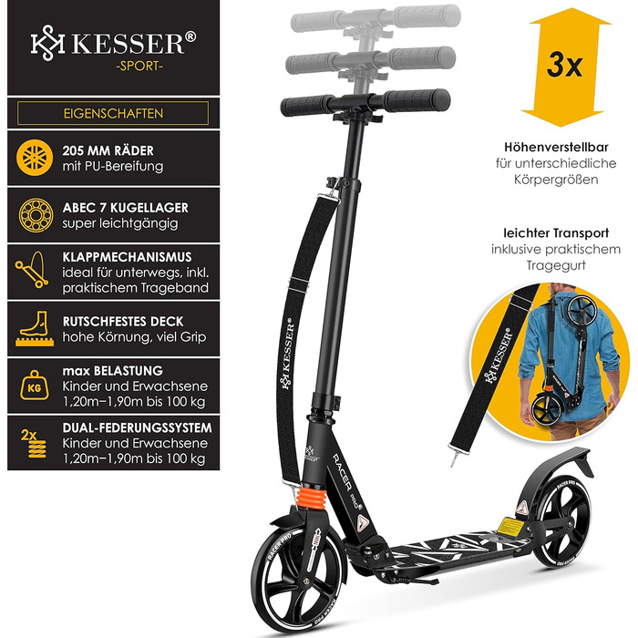 Самокат KESSER Cityroller Pro-S, колеса 205 мм, PU, складаний, з амортизацією, регулювання висоти, для дорослих і дітей