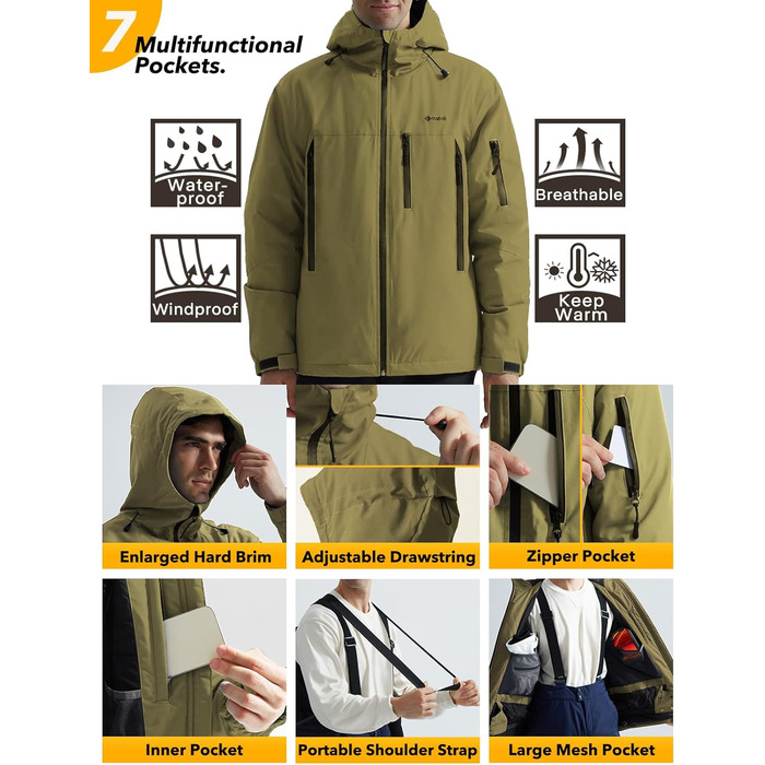 Чоловіча зимова куртка GEYSE: водонепроникна, з капюшоном та інтегрованими підтяжками. Ідеальна для сноубордингу, хайкінгу та активного відпочинку. Колір: Areegrün (пісково-сірий), розмір S