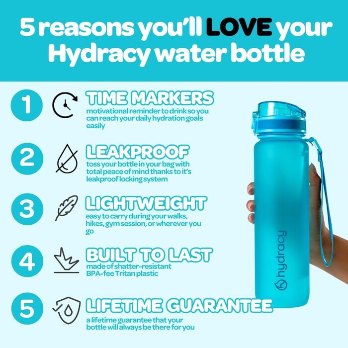 Пляшка для води Hydracy з фруктовим інфузером, 500 мл, BPA-free, із часовими мітками, герметична спортивна пляшка без конденсату, швидке пиття, для спорту та активного відпочинку, аква-синя