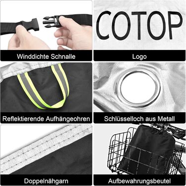 Водонепроникний чохол для велосипеда COTOP 210T нейлон, антивандальний, для e-bike і мотоцикла, 200x105x110 см, сріблястий, з отвором для замка та сумкою