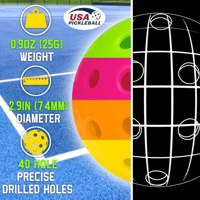 Піклбол м'ячі Outdoor, 40 отворів, 12 шт. - для спортивних ігор, висока пружність, довговічні, сумісні з усіма ракетками