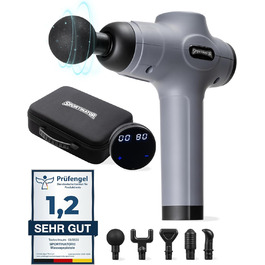Електрична масажна пістолет SPORTINATOR Level Up з насадками, LCD-екраном, USB-C, у кейсі (сірий)
