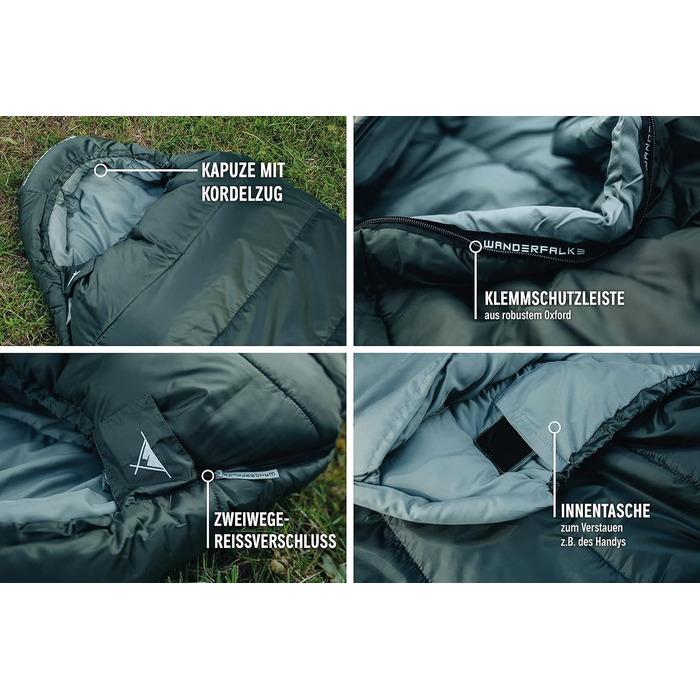 Спальник WANDERFALKE® Premium Alpinist для 3-4 сезонів (+5°C до -10°C), мамі-формат, 480GSM + літній спальник 200GSM для кемпінгу, туризму та подорожей