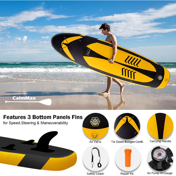 Надувне SUP-борд CalmMax 320x76x15 см, 10.6' (до 150 кг) з комплектом: весло, насос, аксесуари. Підходить для юнаків та дорослих, жовтий