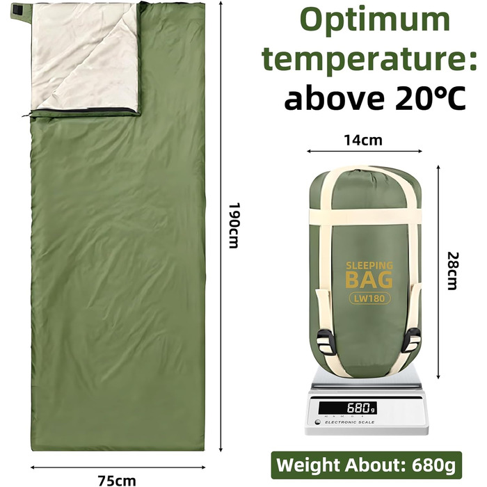 Легкий літній спальний мішок, 680г, 190 x 75 см, компактний, для кемпінгу
