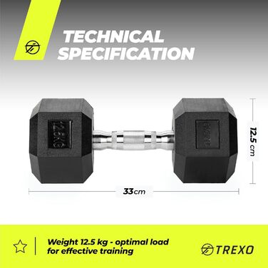 Гантеля TREXO Hexagon 12,5 кг, шестигранна, гумова, чавунна, для силових тренувань вдома, з ергономічною ручкою