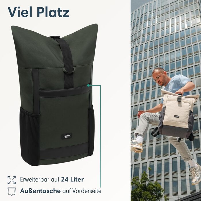 Жіночий рюкзак LARKSON Rolltop, зелений, великий, для школи, університету, велосипеда, з відділенням для 16-дюймового ноутбука, водовідштовхувальний, антивикрадний, екологічний