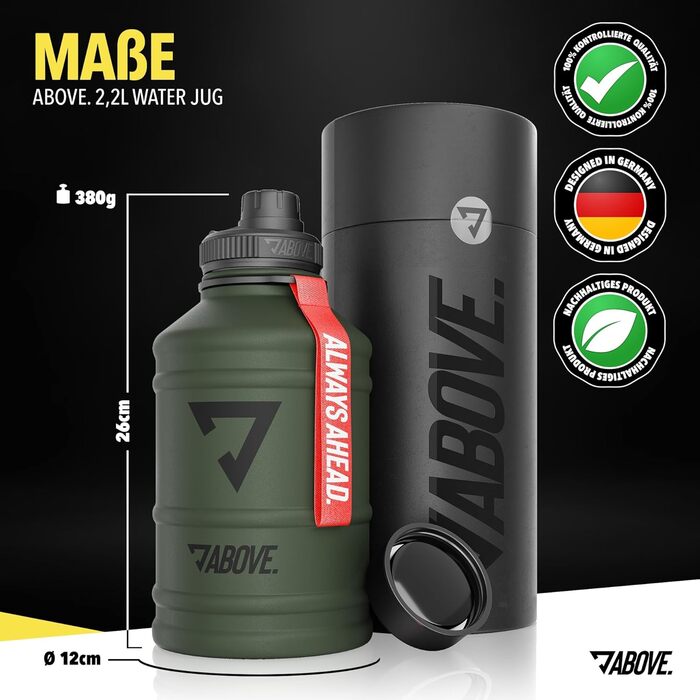 Пляшка для води з нержавіючої сталі ABOVE 1.3/2.2 л, BPA Free, для спорту, фітнесу та активного відпочинку, олива-червона, не термос