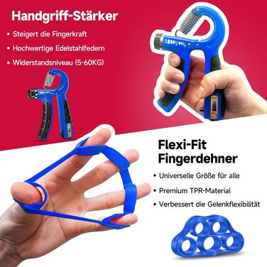 FitBeast Набір для тренування рук (5 шт.): підручник для підручників, фінгердехнер, м'яч для хвата та м'яч для зняття стресу, темно-синій